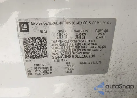 2020 Chevrolet Trax Awd Ls z USA, uszkodzony, nr VIN 3GNCJNSB0LL168130